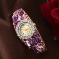 Elegant gold flower bangle watch with purple enamel crystals and a rhinestone dial - Purple/Gold