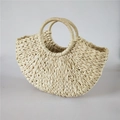 Borsa in paglia beige fatta a mano a semicerchio con manici rotondi per la spiaggia - Bianco Sporco