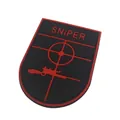 PVC Sniper tactical morale patch with rifle silhouette and red crosshair on white background - Red Black Shield PVC