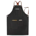 Tablier en denim bleu foncé avec bretelles croisées en cuir marron et trois poches - Taille Unique (80x54cm) / Genius Club Noir