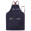 Tablier en denim bleu foncé avec bretelles croisées en cuir marron et quatre poches - ۞✲d Style Bleu / Taille Unique (80*54cm)