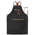 Tablier de travail en denim foncé avec bretelles croisées en cuir brun et poches - Taille Unique (80x54cm) / Style B Noir