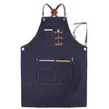 Tablier en denim bleu foncé avec bretelles en cuir marron et poches multifonctions - Taille Unique (80x54cm) / Style B Bleu