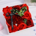 Elegant white square gift box featuring red soap roses with a decorative black ribbon - 15cm*15cm*8cm / Rose Small Square Box (Bright Red)