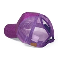 Detail view of purple sequin ponytail baseball cap with breathable mesh and elastic opening - Purple With Sequins
