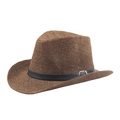 Close-up of brown straw sun hat featuring a black leather belt with metal buckle detail - 58cm / Coffee
