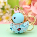 Blue duck keychain with pink crown and colorful rhinestones on a gold metal ring - Single OPP Bag Packaging / Sky Blue Duck