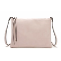 Detailed view of pink PU leather crossbody envelope bag with black edge finish and tassel - Light Pink