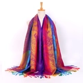 Ethnic style jacquard scarf with colorful peacock feather pattern and tassels on mannequin - Purple