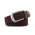 Unisex dark brown elastic braided belt with silver pin buckle on white background - Coffee