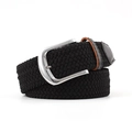 Men's black elastic woven belt with silver alloy buckle and brown leather accents - Black