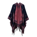 Women's dark blue and red ethnic pattern jacquard poncho with black tassel hem - 135x155cm / Sunflower Navy