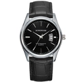 Men's fashion watch with black dial, silver case and textured black leather strap - Male Style / Black Leather Strap Black Dial Men