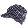Close-up of navy blue and white knit texture with C.C leather patch on the visor beanie - Navy White Mixed
