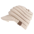 Detail of oatmeal knit ponytail beanie with C.C leather patch and ribbed texture - Beige