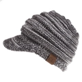 Detailed close-up of grey mélange knit texture and brown C.C leather patch on visor beanie - Dark Gray White Mix