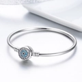Sterling silver evil eye charm bracelet with blue and clear pavé crystals on open band - Guardian Eye Silver Bracelet 21cm