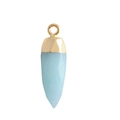 Macro detail of a faceted light blue crystal teardrop pendant with golden metal cap hardware - Light Blue Jade