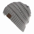 Winter cable knit beanie in light grey with ponytail hole and brown leather C.C patch - Light Gray