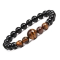 8mm black agate and tiger eye beaded bracelet with metal spacers on a white background - Tiger Eye