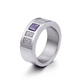 Silver titanium steel wide ring with purple square stone and white side diamonds - US 8 / Purple