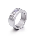 Silver-toned brushed titanium steel wide band ring with square purple zircon stone - Pink Purple
