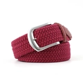 Red-purple elastic woven belt with silver metal pin buckle and brown leather details - Length 107cm Width 3.3cm / Burgundy