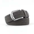 Grey elastic woven belt with silver metal buckle and brown leather tip detail - Dark Gray