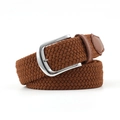 Brown braided elastic woven belt for men and women featuring a silver metal pin buckle - Length 107cm Width 3.3cm / Camel