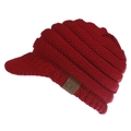 Detail of red knitted ponytail beanie with C.C leather patch and ribbed texture - Dark Red