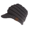 Macro detail of dark grey knit baseball cap with vertical ribbing and C.C leather patch - Dark Gray