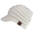 Close-up of white knitted baseball cap with textured wave pattern and C.C leather patch - White