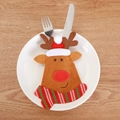 Detailed close-up of a felt reindeer cutlery holder with a striped scarf on a white plate - Long Face Reindeer