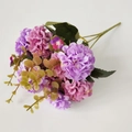 Detailed bunch of artificial hydrangea flowers in pink and purple with realistic green leaves - Light Purple