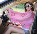 Pink sheer embroidered blouse with flare sleeves worn by a model in a car seat - 60*160CM / Peach Blossom Style Deep Pink