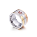Three-tone titanium band ring with square amber gemstone and micro-pave crystals - Tri-color Stitching Brown Stone (KR47995-K)