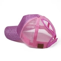 Cappellino trucker da donna con paillettes viola e mesh rosa con apertura per coda - Regolabile (Senza Etichetta) / Rosa con paillettes