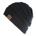 Gorro de punto de cable negro con parche de cuero C.C para el calor invernal - Negro