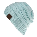 Winter chunky knit ponytail beanie in mint green with brown faux leather C.C patch - Light Blue