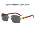 Rimless square sunglasses with dark grey lenses and golden leopard head decor - Black Gray