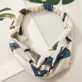 Elastic floral headband with cute girl cartoon print in cream white and blue - White Beauty