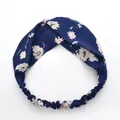 Elastic floral twist headband in navy blue with pink flower print for women - Blue Floral