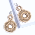 Bohemian double-layer champagne crystal bead woven hoop earrings on a white platform - Beige