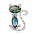 Cute silver cat brooch with iridescent abalone shell and sparkling cubic zirconia stones - Silver Cat (B184-A)