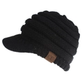 Close-up of black cable knit visor beanie with C.C leather patch and ribbed texture - Black