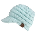 Detail of light blue cable knit ponytail beanie with peak and brown C.C leather patch - Light Blue