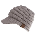 Detail view of grey knit visor beanie with C.C brand leather patch on a white background - Light Gray