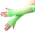 Detail of neon green fishnet long fingerless gloves with elastic nylon mesh texture - With Card Pack / Dark Green