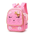 Rosa Grundschulrucksack für Mädchen mit Katzengesicht und goldener Schleifendekoration - Nur Rucksack / Großes Rosa