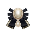 Elegant black satin ribbon bow brooch with crystal pearls and golden vintage finish - Gold Black Pin Style